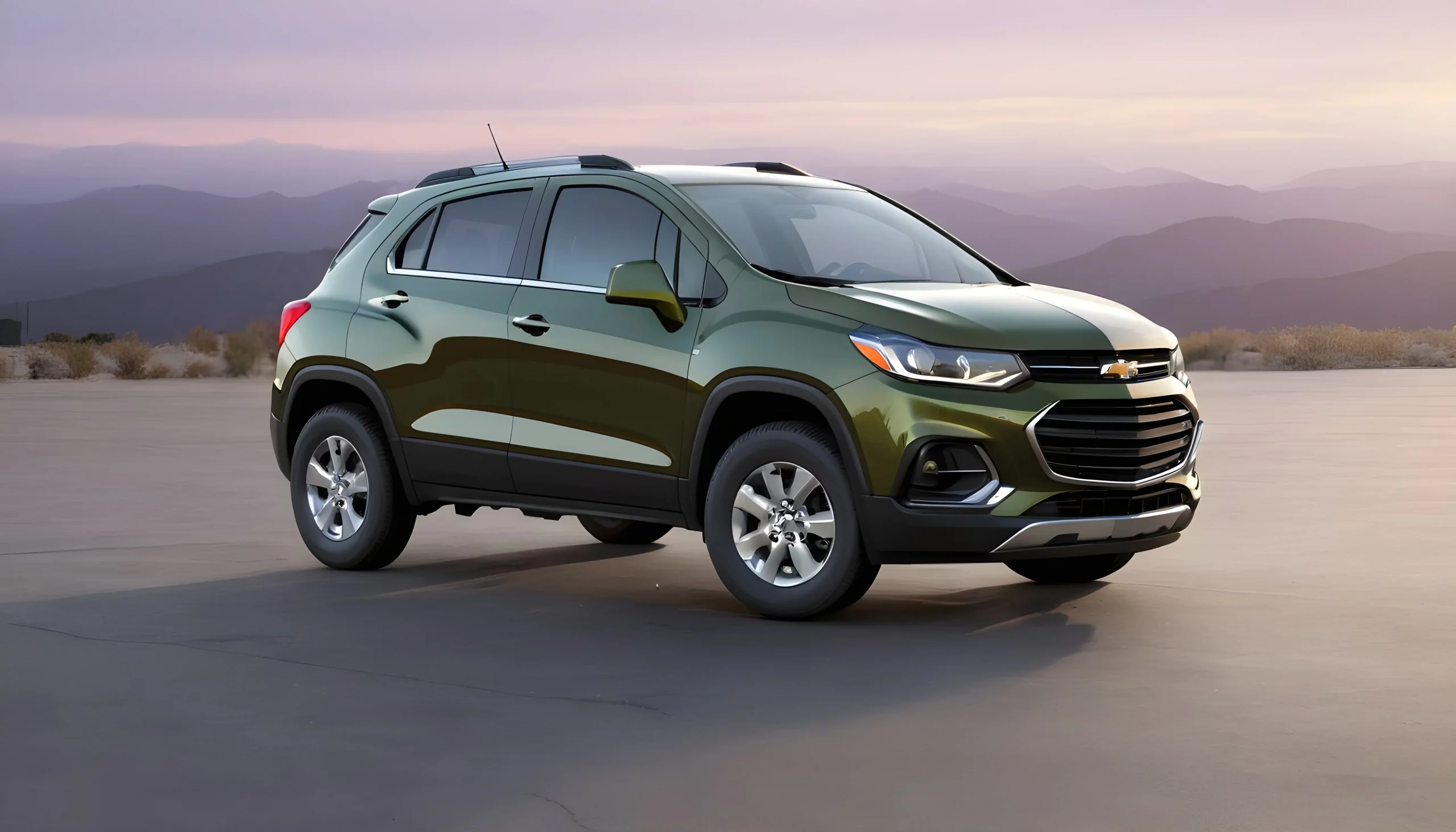 The all-new 2024 Chevrolet Trax RS parked in a serene desert at dusk, symbolizing Chevrolet's support for military families through vehicle donations.