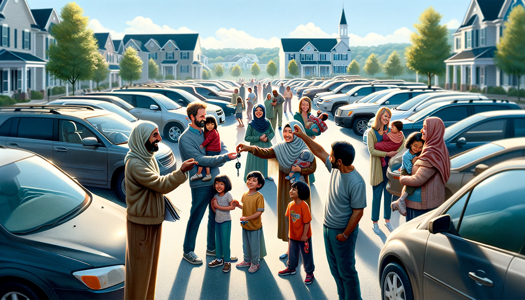 A diverse group of refugees joyfully receiving car keys from volunteers in a community parking lot in Reston, Virginia, symbolizing new opportunities and beginnings.
