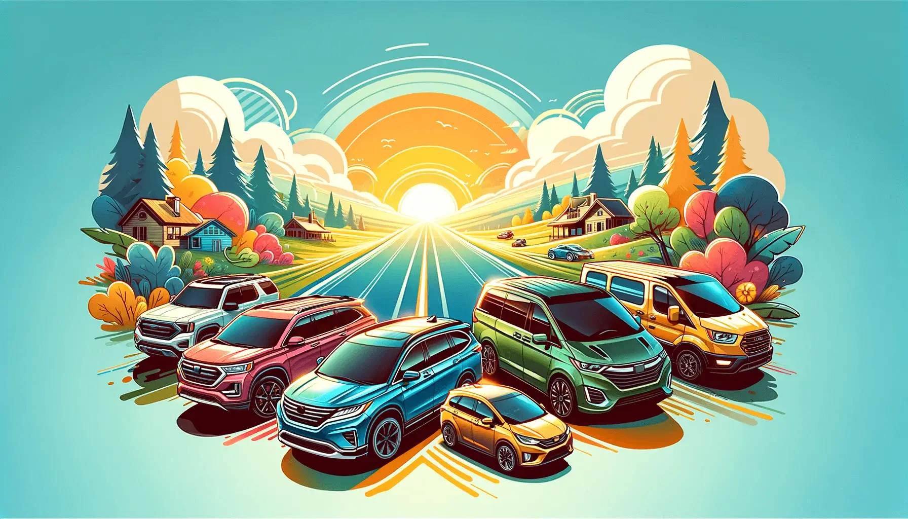 Banner depicting a montage of family-friendly vehicles like SUVs, minivans, hybrids, and EVs on a sunny road trip setting, symbolizing diverse options for family adventures in 2024.