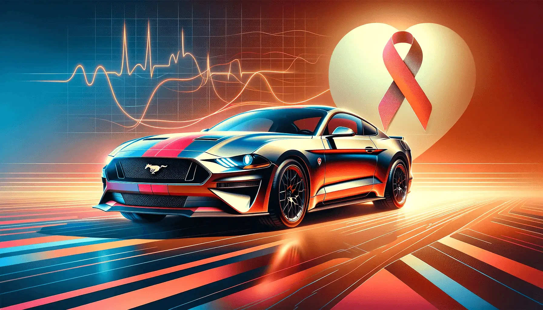 Banner depicting the 2024 Ford Mustang GT, symbolizing philanthropy with elements like a heart and a ribbon in the background, showcasing the car's contribution to juvenile diabetes research.