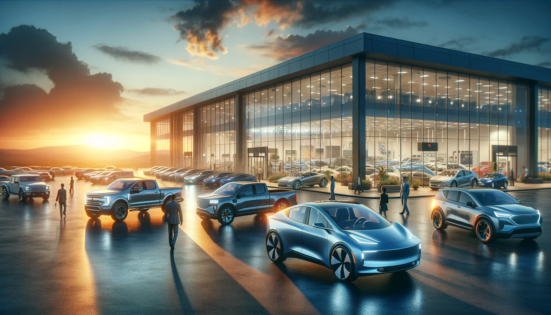A sunrise scene at a modern car dealership showcasing a mix of electric and traditional vehicles, reflecting innovation and tradition in the auto industry, with customers and salespeople beginning their day.