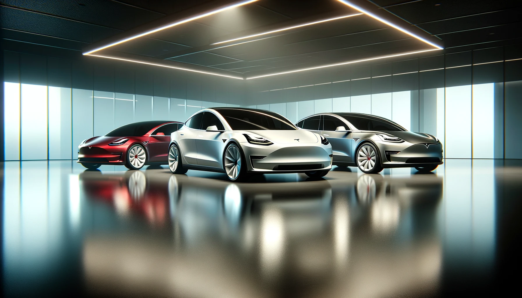 Three Tesla vehicles, Model Y, Model X, and Model S, displayed side by side in a modern showroom setting, highlighting their sleek design and luxury appeal.